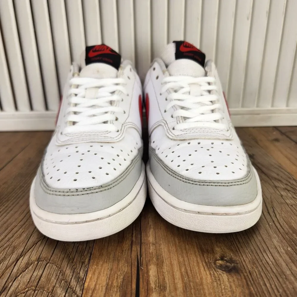 Nike Court Vision Lo Womens 6.5 White Gray Red Leather Sneakers Shoes FD0284-100